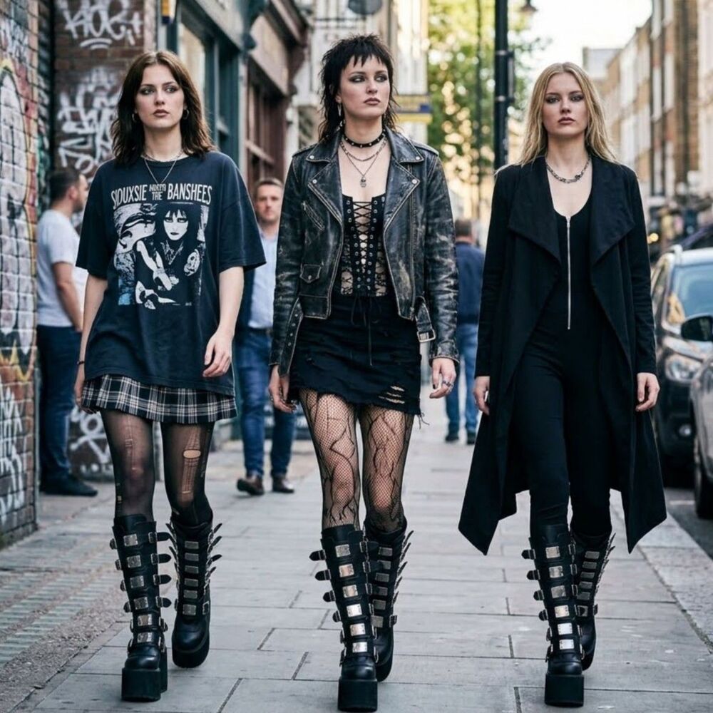 (W9) Boots gothic knee-high Black with multiple buckles and a platform Siz.36&37